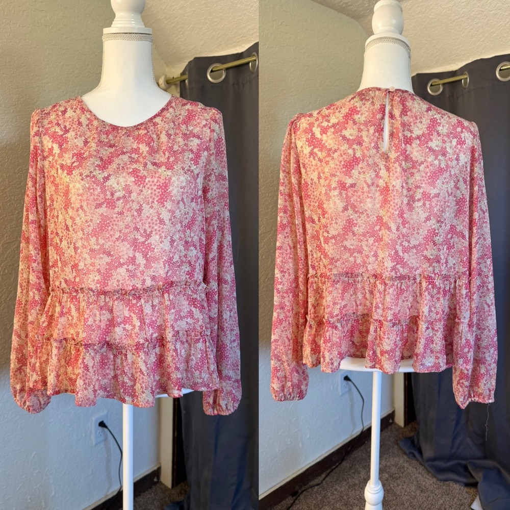 LOFT Outlet Pink Floral Tiered Peplum Long Sleeve Blouse Medium SP21